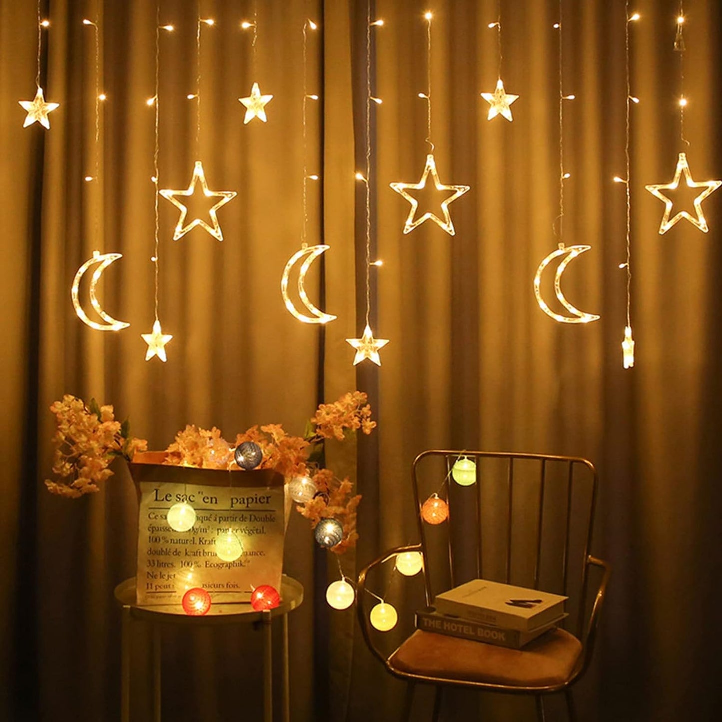 Ramadan Decoration Lights,star & Moon Curtain Lights( 10ft Curtain Light )